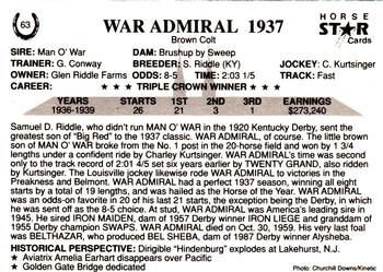 1991 Horse Star Kentucky Derby #63 War Admiral Back